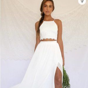 NWT Lulu's Midnight Memories White Lace Two-Piece Maxi Dress Size S